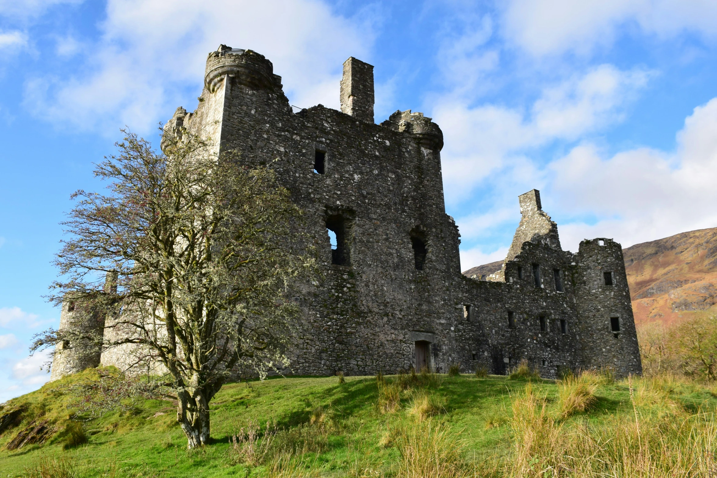 the view of a building with a tower from a grassy slope