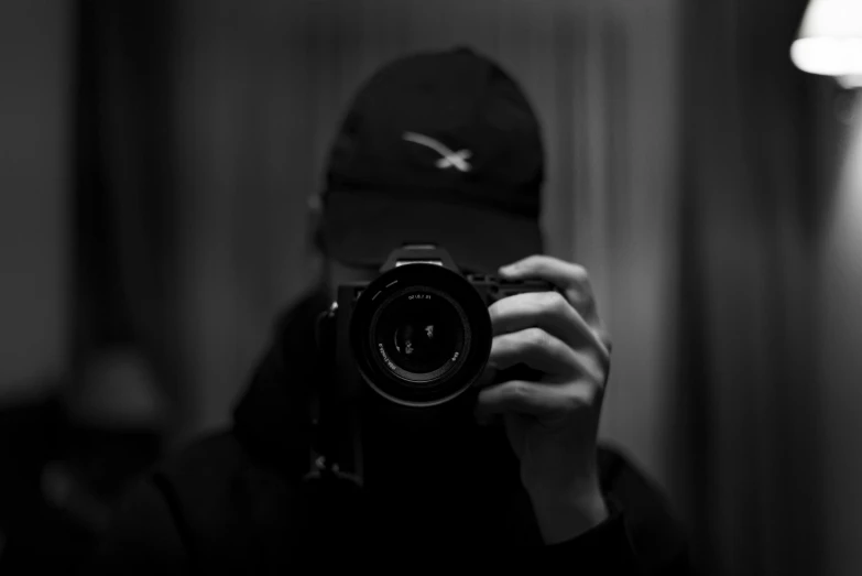 a person taking a picture with a camera in the mirror