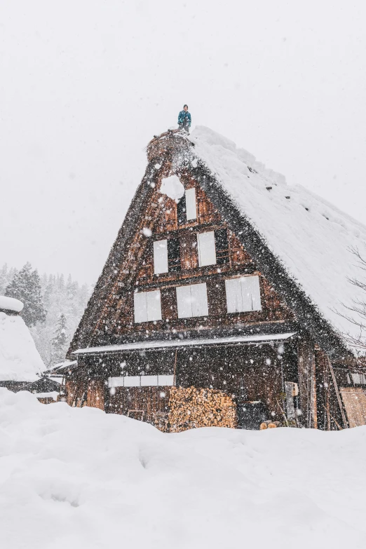 a snowy view of a house with a pitched roof