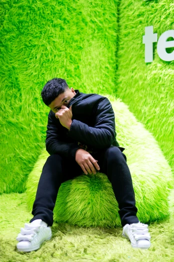 a man sitting on top of a large fluffy green object