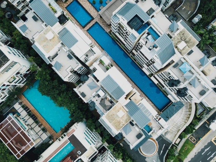 a large urban area with buildings and swimming pool