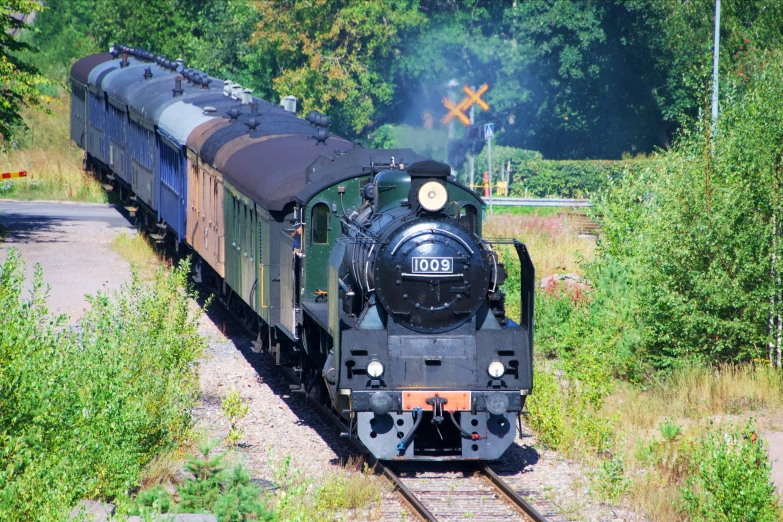 a green train traveling through a lush green forest