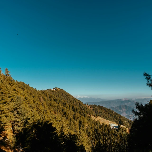 a scenic view of mountains with pine trees below