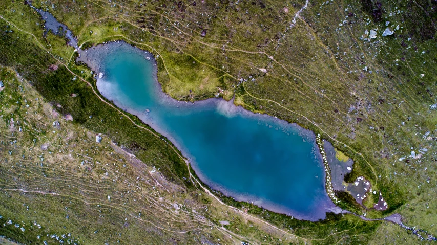 a green and blue lake in a grassy area