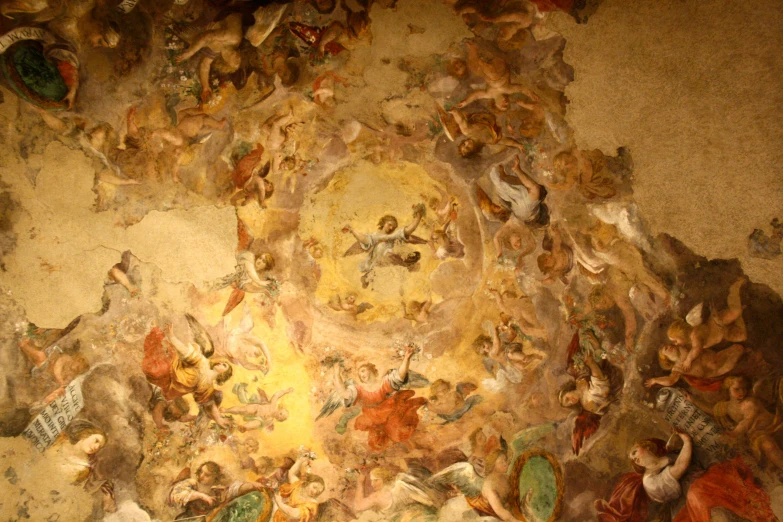 an artistic painting of men and women depicted in the ceiling