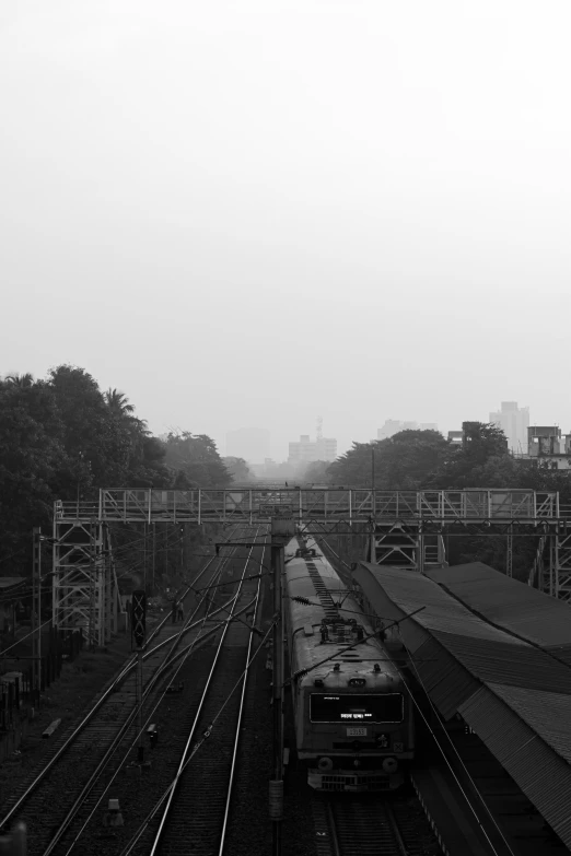 a train on the railroad tracks during a foggy day