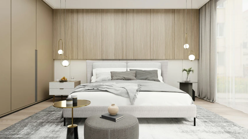 a modern bedroom with an upholstered bed and a beige accent wall