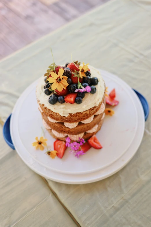 a dessert is displayed with fresh fruit on top