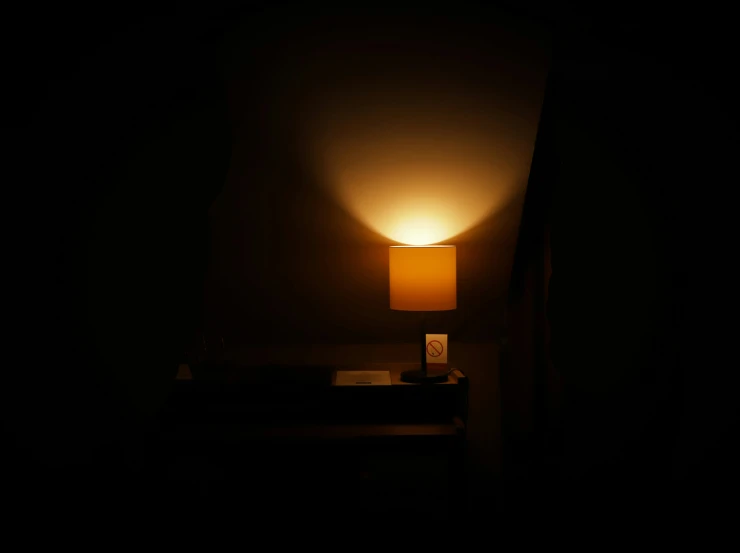 the lamp is lit in the dark of the room