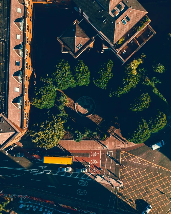 an aerial po of the street in front of an apartment