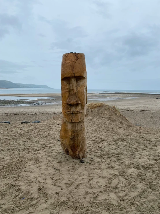 a giant sculpture made out of logs on a sandy beach