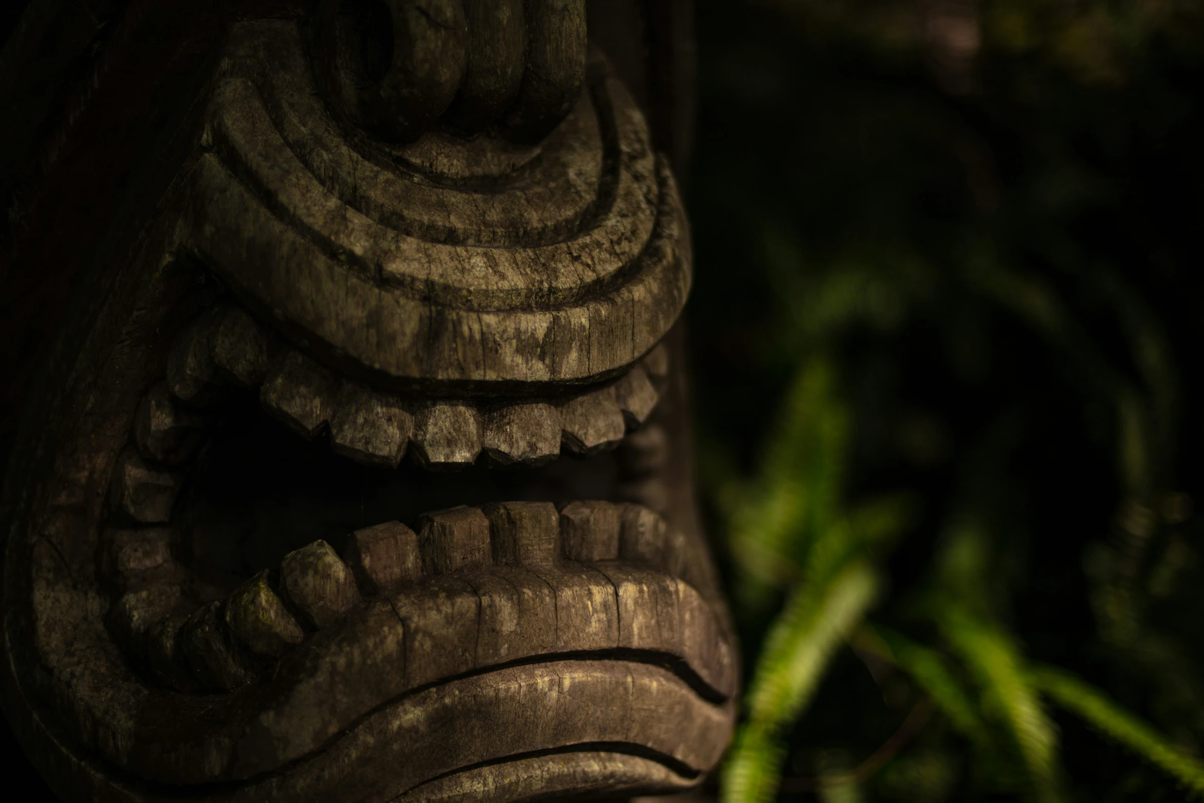 an antique elephant head standing in the dark