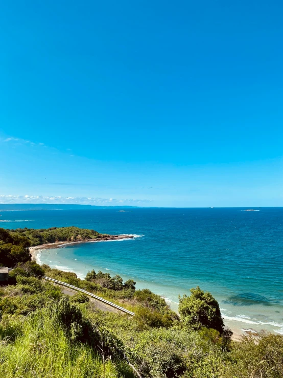 an ocean beach with many trees and a train on the track