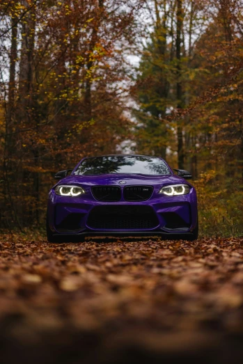 a purple car sitting on the road surrounded by trees