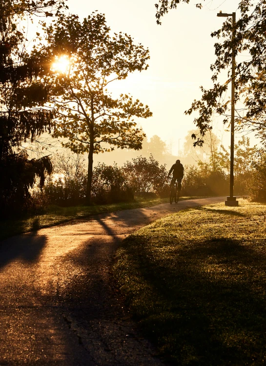 person walking down a path at sunset in a park