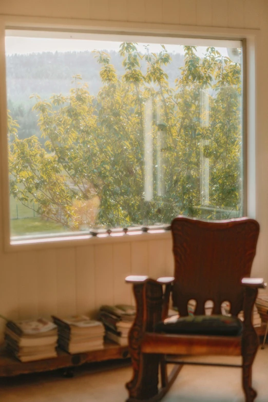 the view out a window of a bedroom has a rocking chair on the floor