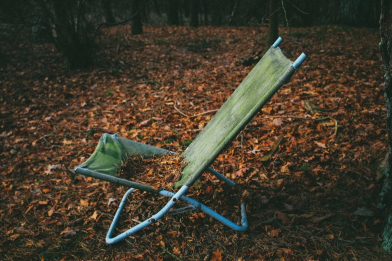 a broken lawn chair sits on the leaves