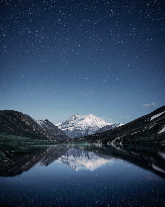 a mountain with a reflection on a lake at night