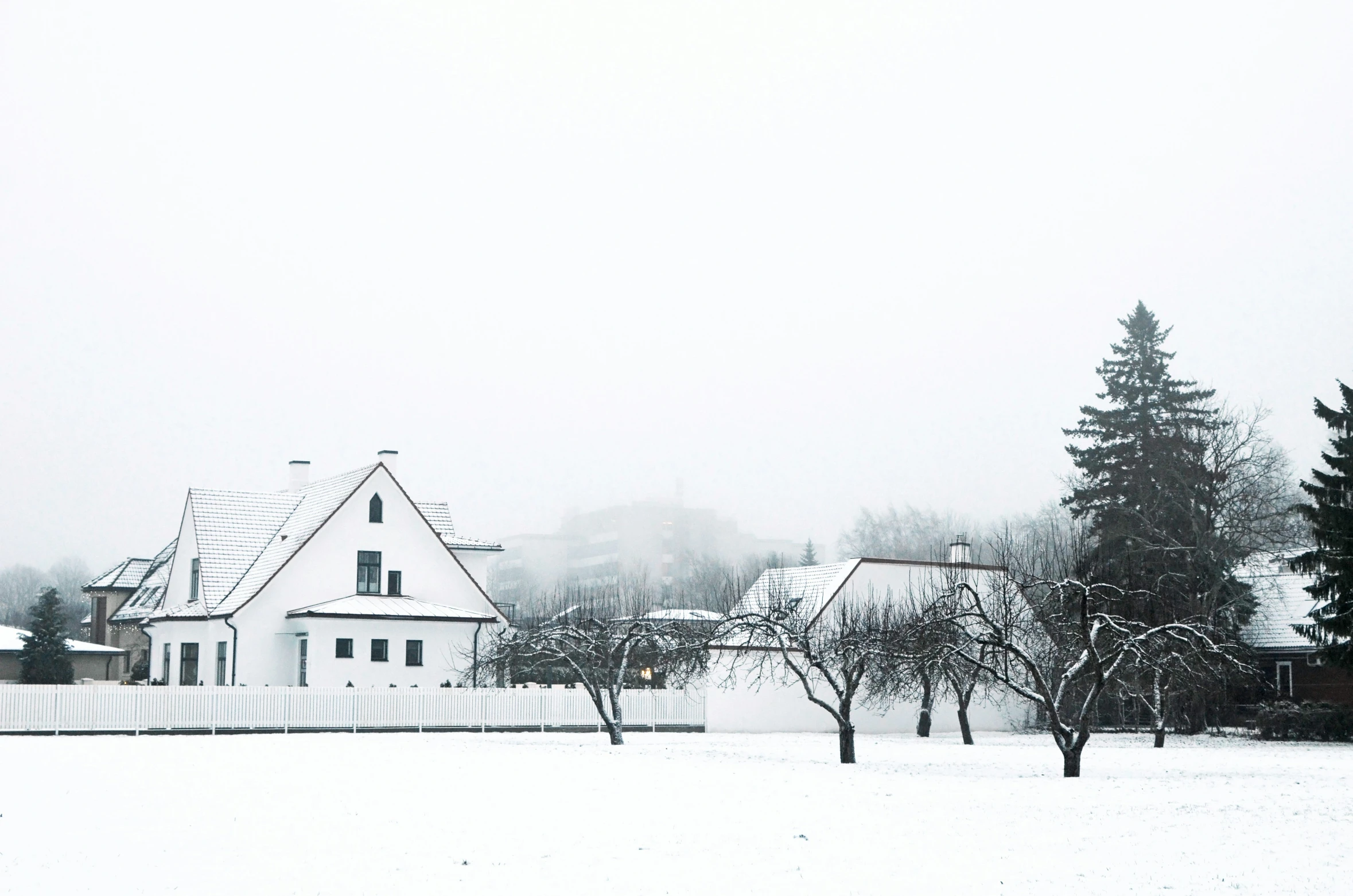 the house is near the woods with bare trees in the snow