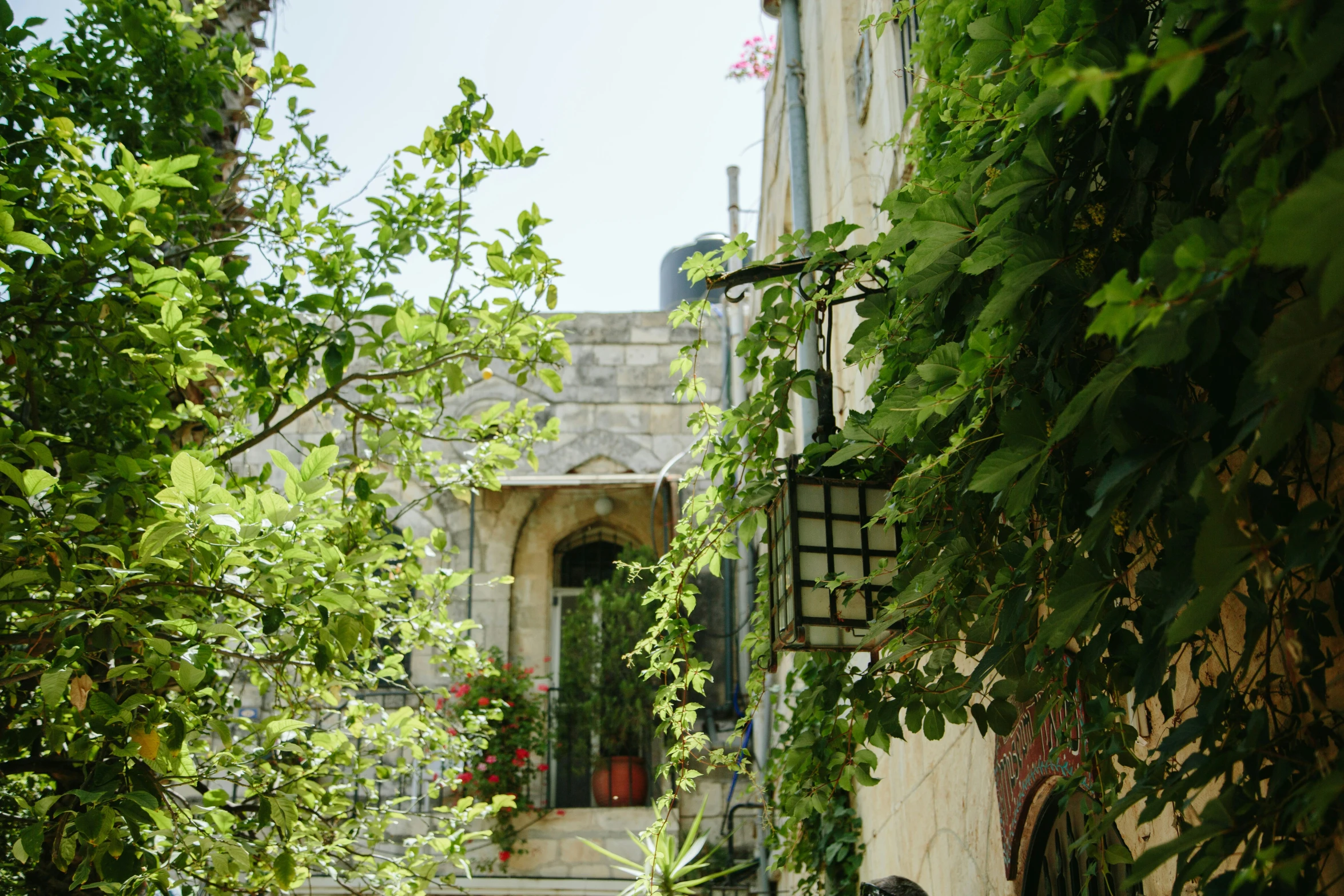 a path going up to a building with a sign on it