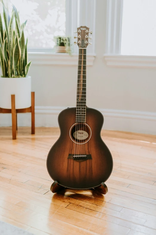 the back and sides of an acoustic guitar stand on a hard wood floor