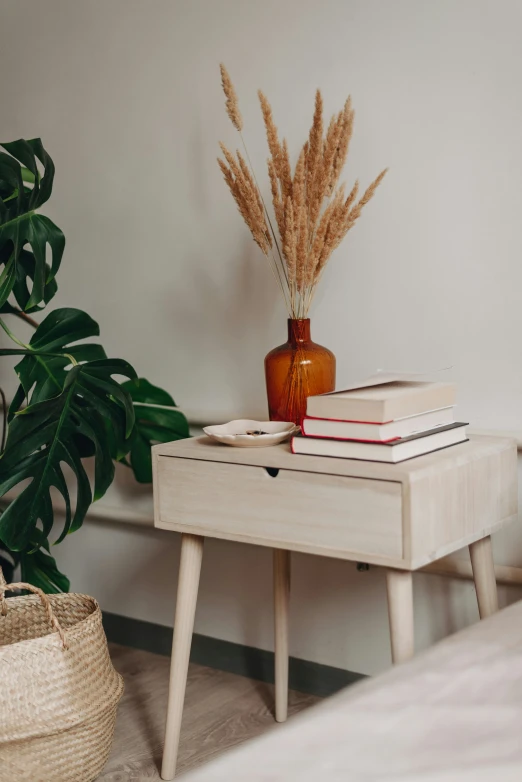 a couple of books and some plants are on a table