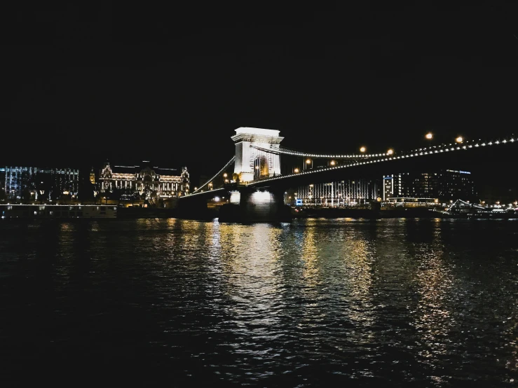 the brooklyn bridge is illuminated at night in black and white