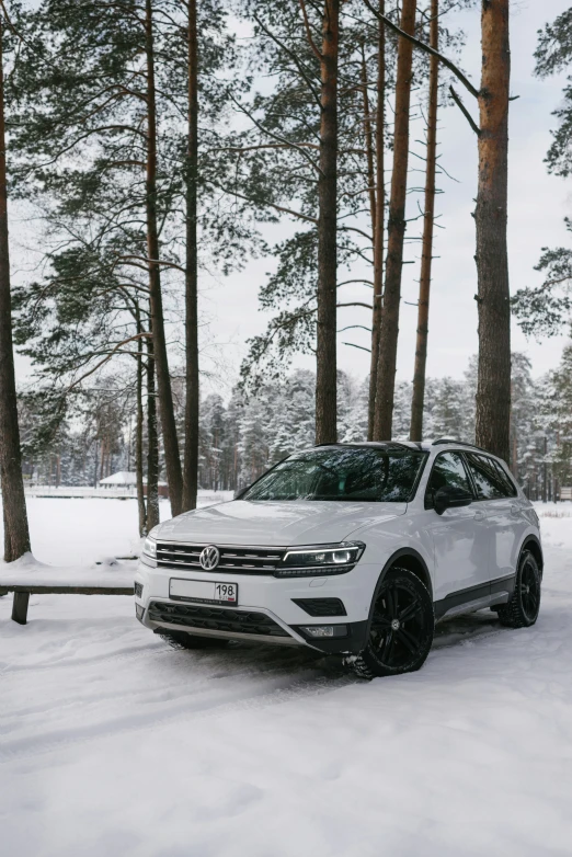 a white car is parked near some trees in the snow