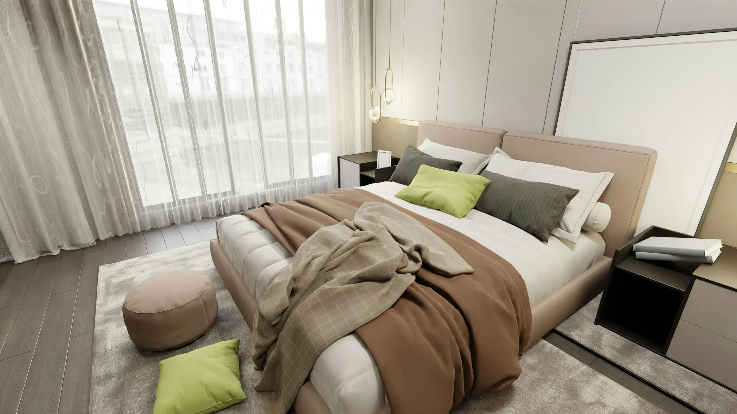 a bed with a brown blanket and green pillows