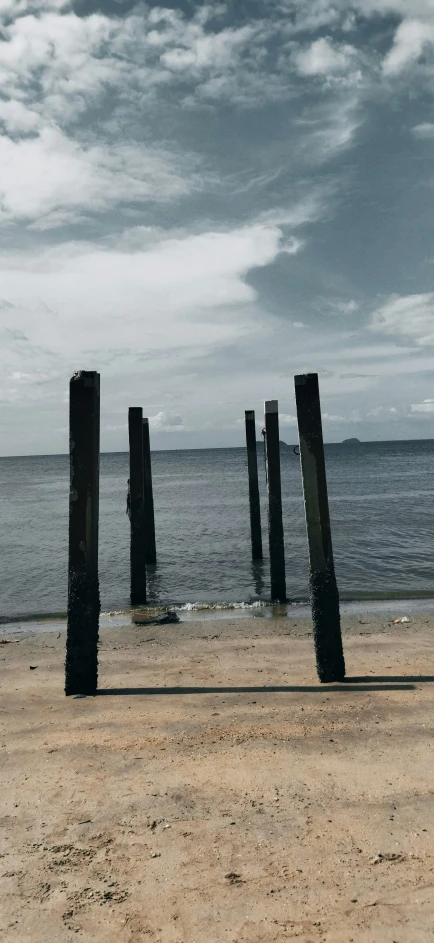 five wooden poles are sticking out of the sand on the beach