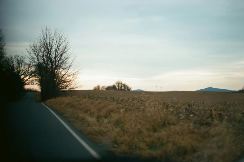 a dirt road running through the middle of a dry field