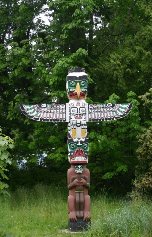 this carved tiki has multiple faces on it