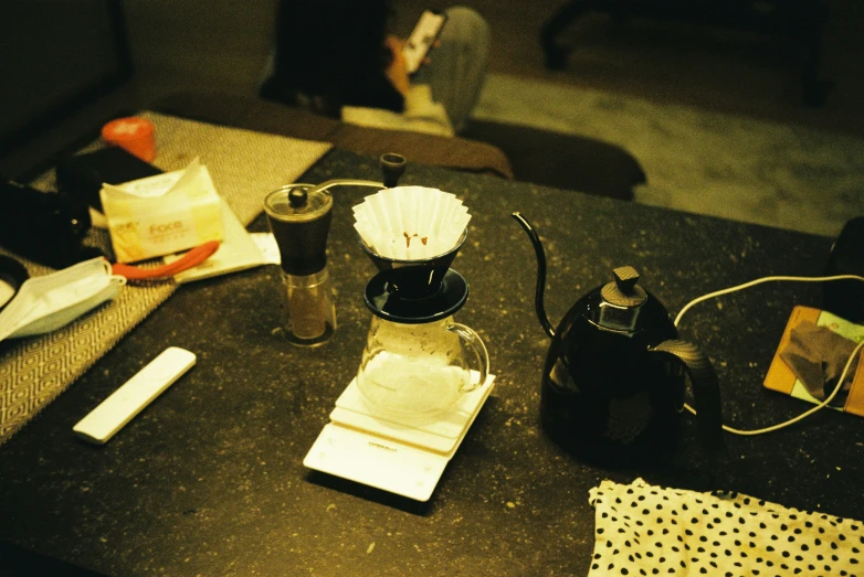 a coffee maker sits on the counter top