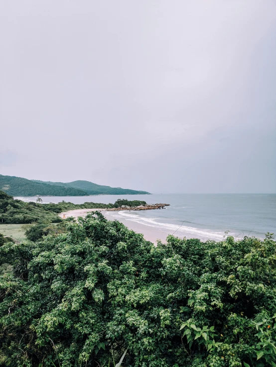 a scenic beach area with a body of water and trees