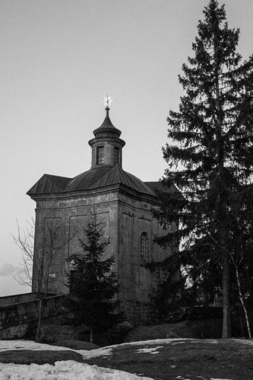 a black and white po of a large church