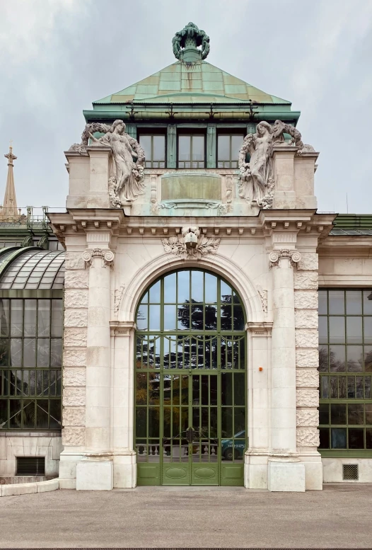 an old stone building with a lot of glass