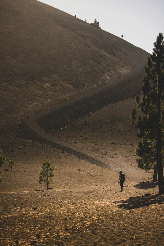 the lone person in the distance walking through the grass towards the hillside