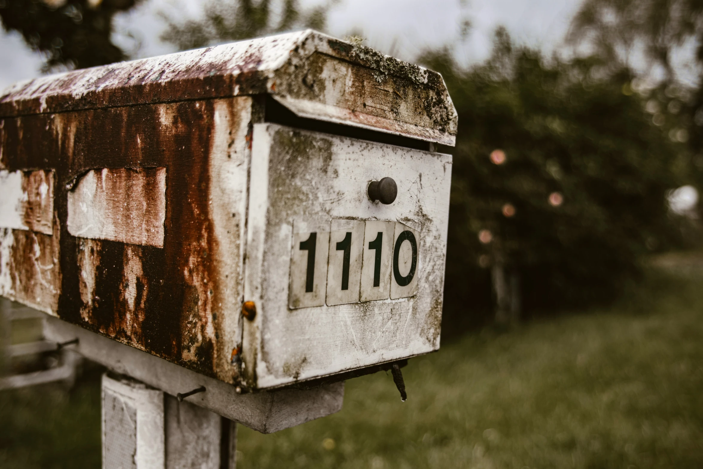 the mailbox has rusted paint on it