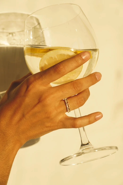 someone holding up their finger and holding a wine glass