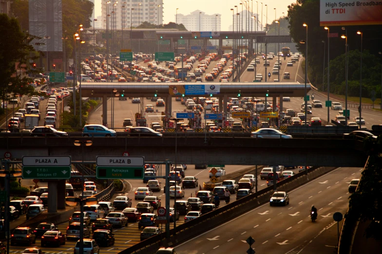 an aerial view of a busy traffic jam on a freeway