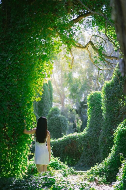 a beautiful young woman walking through an archway of bushes