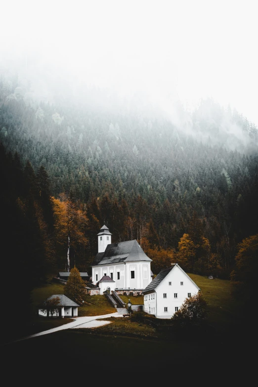 a large white building sitting in the middle of a forest