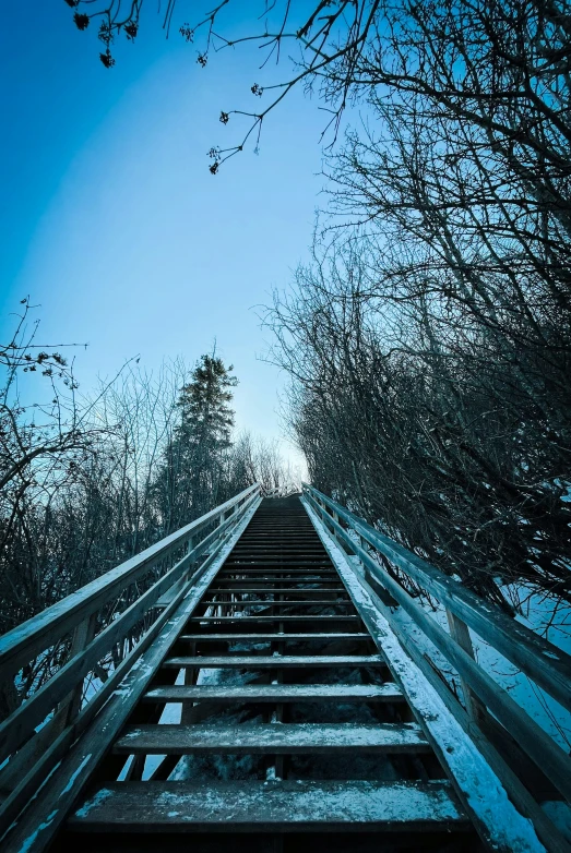 a snow covered trail leading into the sky