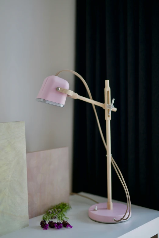 the pink and white lamp is beside a plant