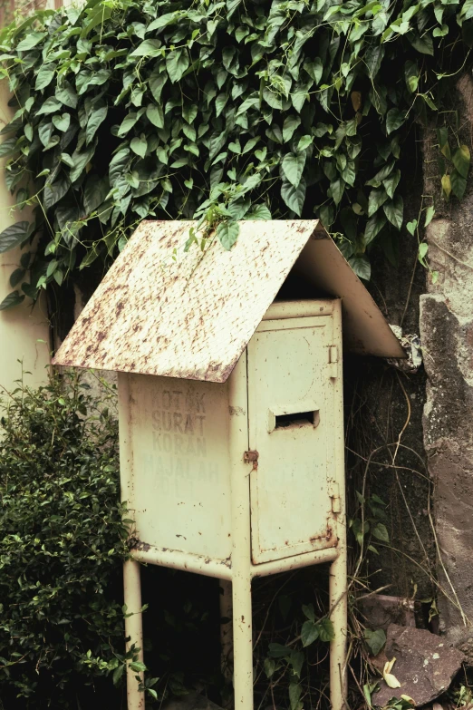 a dirty bird house in front of a tree