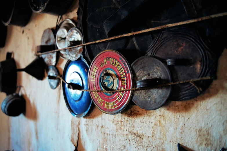 the interior of a building has many items hanging