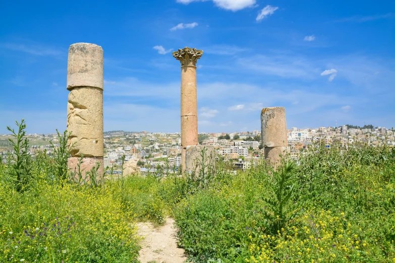 two tall ruins sitting in a green forest