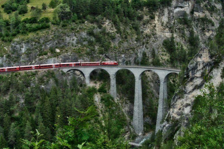 a long train passes over a bridge in the mountains