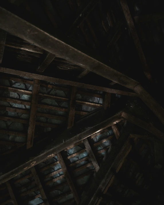 there is a large attic with dark windows and wood beams