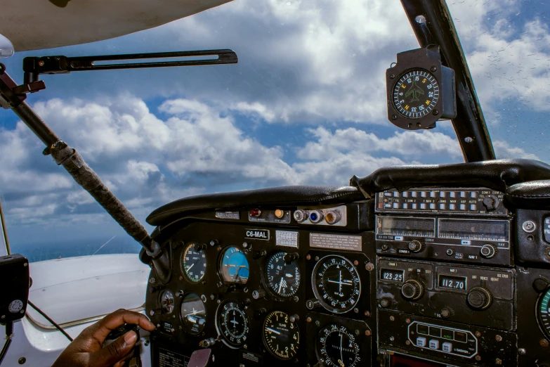 the cockpits of the airplane are empty with several dials